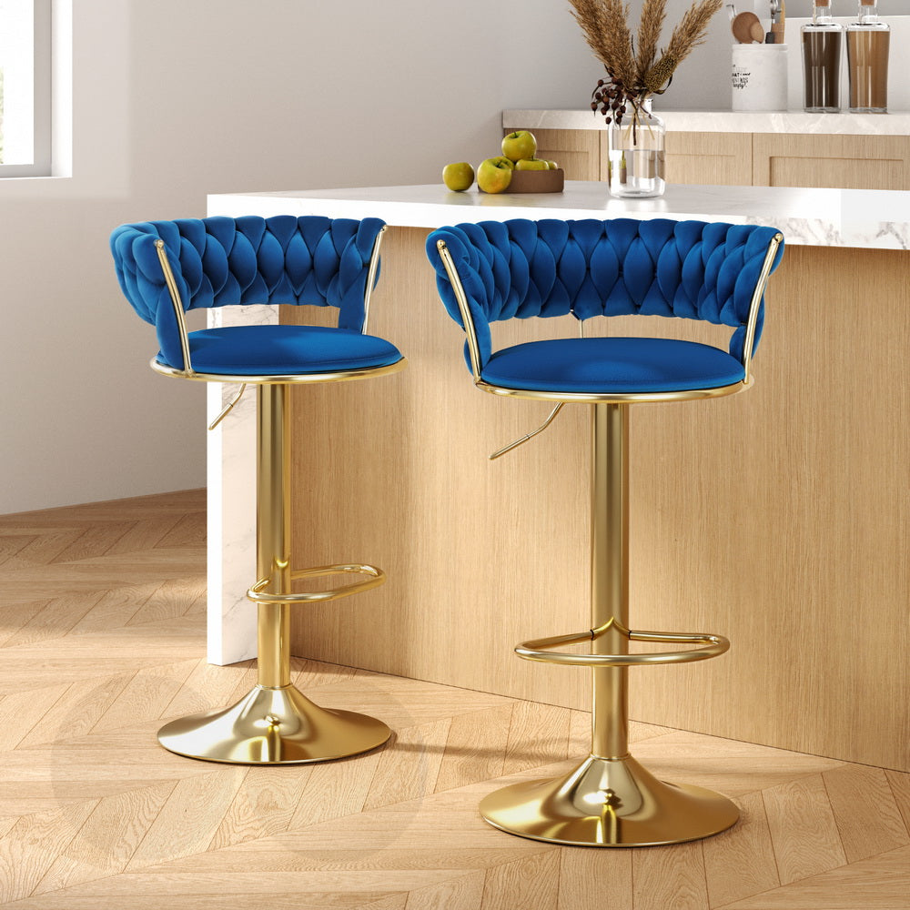 Artiss 2x Bar Stools Gas Lift Velvet Woven Backrest Navy