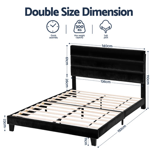 Artiss Double Bed Frame Upholstered Platform Base with Geometric Headboard Black Velvet
