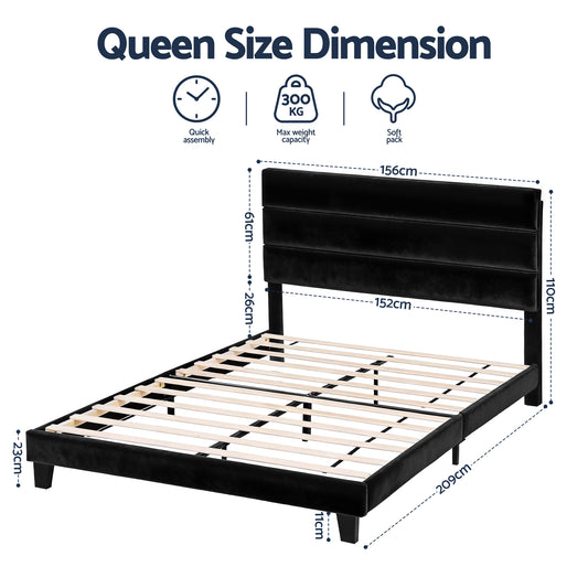 Artiss Queen Bed Frame Upholstered Platform Base with Geometric Headboard Black Velvet