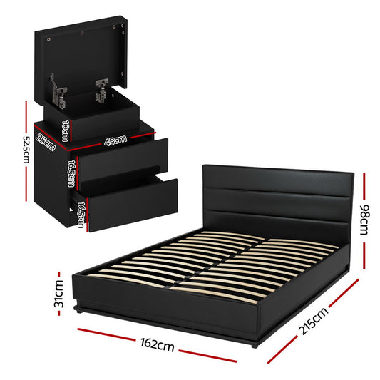 Artiss RGB LED Queen Bed Frame with 2 Beside Tables Set 16 Colour Mood Lighting