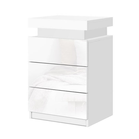 Artiss 2X Bedside Table LED 3 Drawers - COLEY White