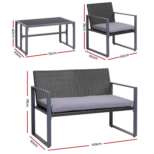 Gardeon 4 PCS Outdoor Sofa Set Rattan Furniture Glass Top Table Chairs Black