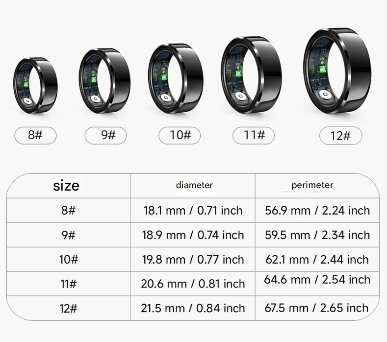 Black Round 0.74inch Smart Ring with Heart Rate and Sleep Tracking - IP68 Waterproof Fitness Tracker with Step Counter