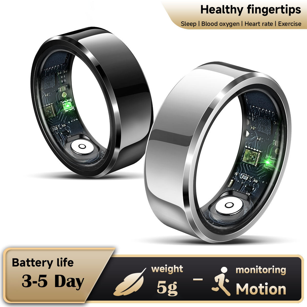 Silver Round 0.77inch Smart Ring with Heart Rate and Sleep Tracking - IP68 Waterproof Fitness Tracker with Step Counter