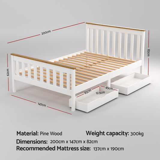 Artiss Bed Frame Double Size Wooden Platform with 2 Storage Drawers White PONY