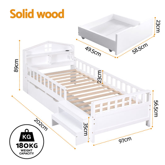 Artiss Single Bed Frame with 2 Storage Drawers, Montessori Bed with Headboard, 2 USB Ports & Led Light, Solid Wood Platform Bed Base with Safety Rail & Ladder, 31CM Under-Bed Storage, White