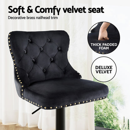 Artiss 2x Velvet Bar Stool Adjustable Height Nailhead Trim Kitchen Counter Stool