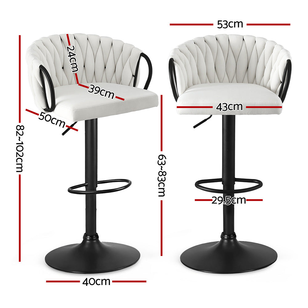 Artiss Bar Stool x2 Kitchen Dining Chair Counter Gaslift Woven Velvet Ivory