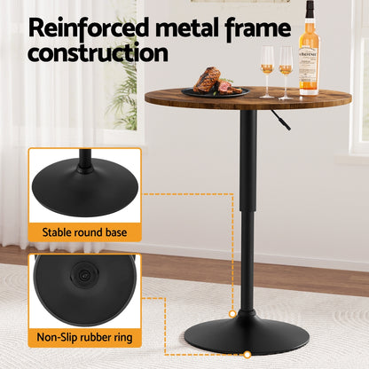 Artiss Height Adjustable Bar Table 360 Swivel Round Gaslift Design 60cm Rustic Brown Black