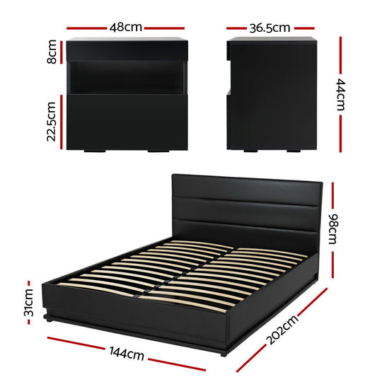Artiss RGB LED Double Bed Frame with Beside Table Set 16 Colour Mood Lighting