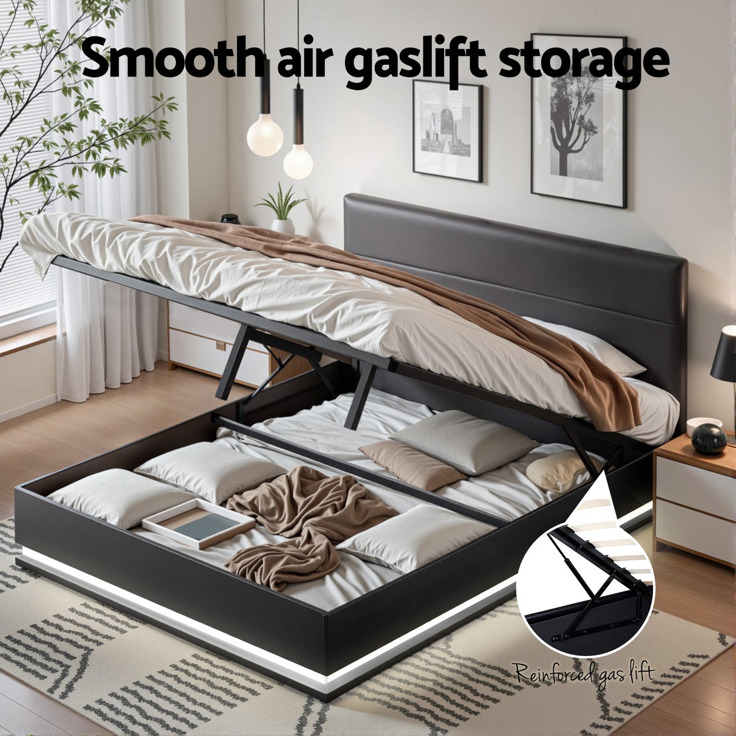 Artiss Bed Frame Queen Size LED Gas Lift Black LUMI