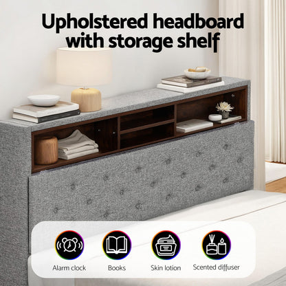 Artiss Bed Frame Double Size LED Mattress Base Platform with Storage Shelf Hidden Storage Box Grey