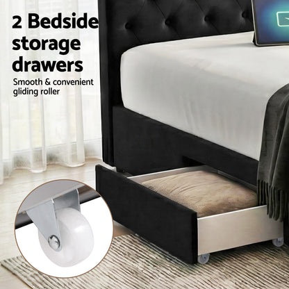 Artiss King Bed Frame Storage Charging Station Upholstered 3 Drawers USB Type-C
