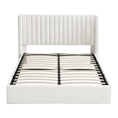 Artiss Double Bed Frame with Gaslift Storage USB Type-C Charging Ports Velvet Upholstery White