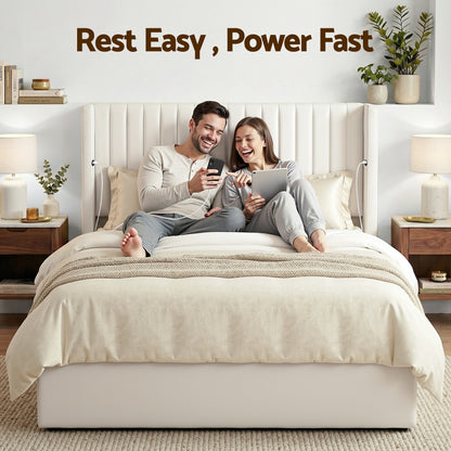 Artiss Queen Bed Frame with Gaslift Storage USB Type-C Charging Ports Velvet Upholstery White