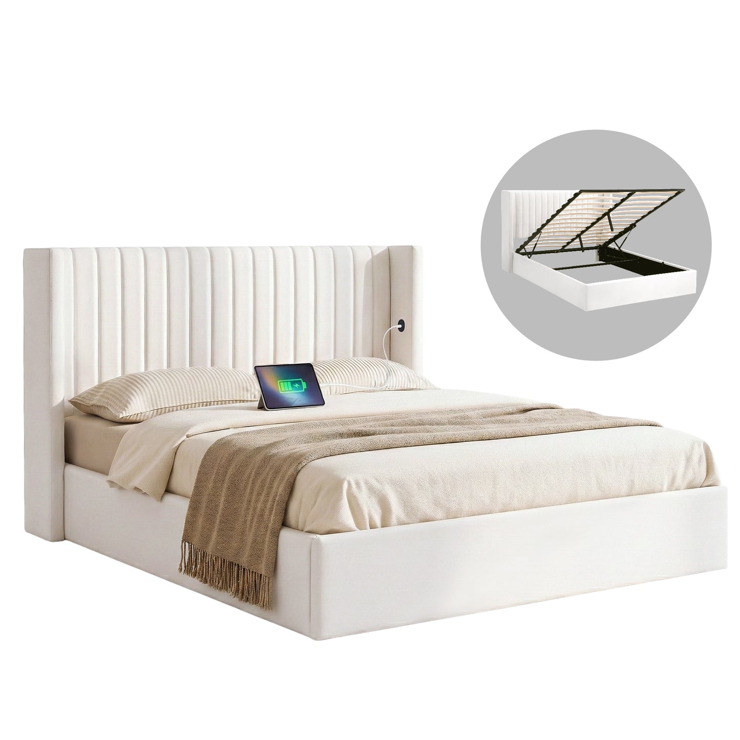 Artiss Queen Bed Frame with Gaslift Storage USB Type-C Charging Ports Velvet Upholstery White