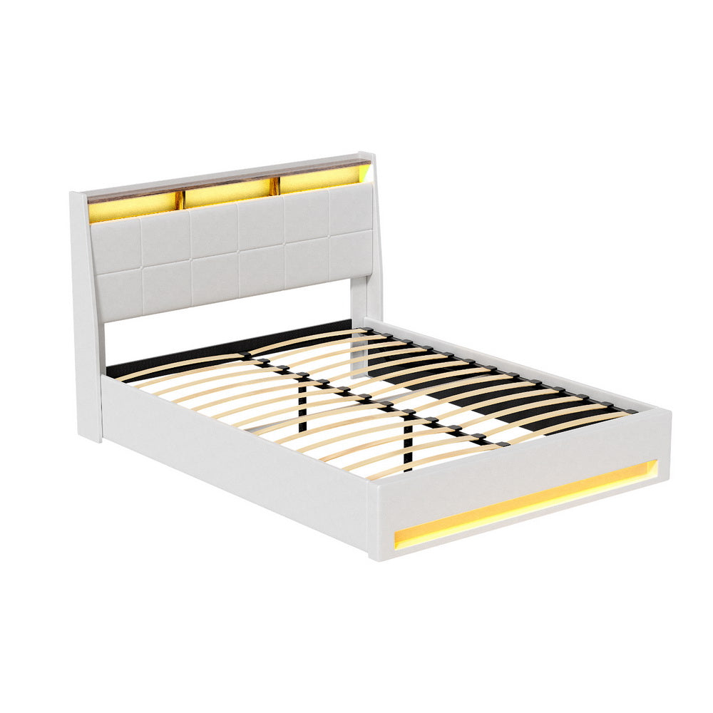 Artiss Bed Frame Gas Lift LED Beds Base Platform White PVC Leather Storage Headboard - Double