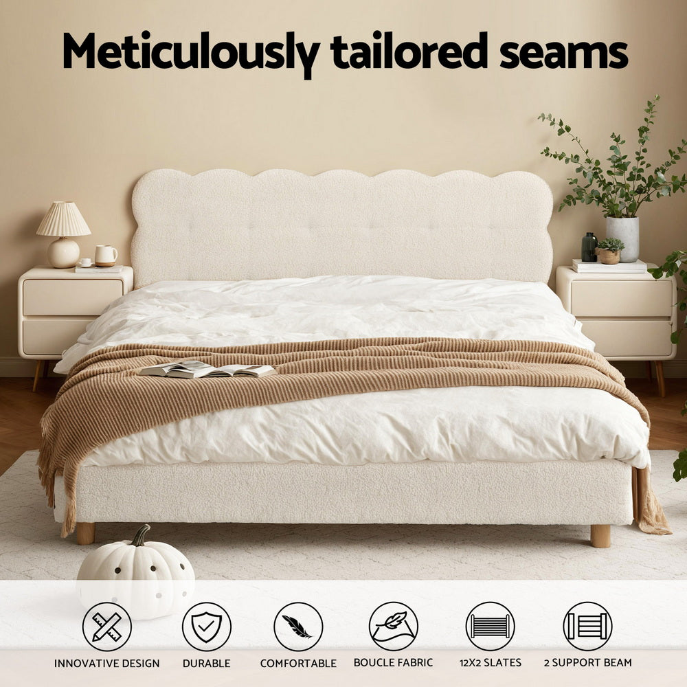 Artiss Queen Bed Frame Cloud Headboard Boucle Fabric Mattress Platform Base White