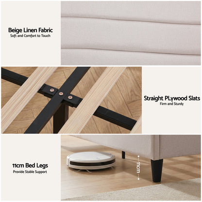 Artiss Queen Bed Frame with Storage Adjustable Headboard Platform Base Linen Fabric Charging Ports