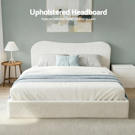 Artiss Queen Bed Frame with Gaslift Storage Wooden Platform Mattress Base Boucle Upholstered White