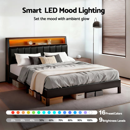 Artiss Double Bed Frame LED Storage Headboard with Charging Station Black