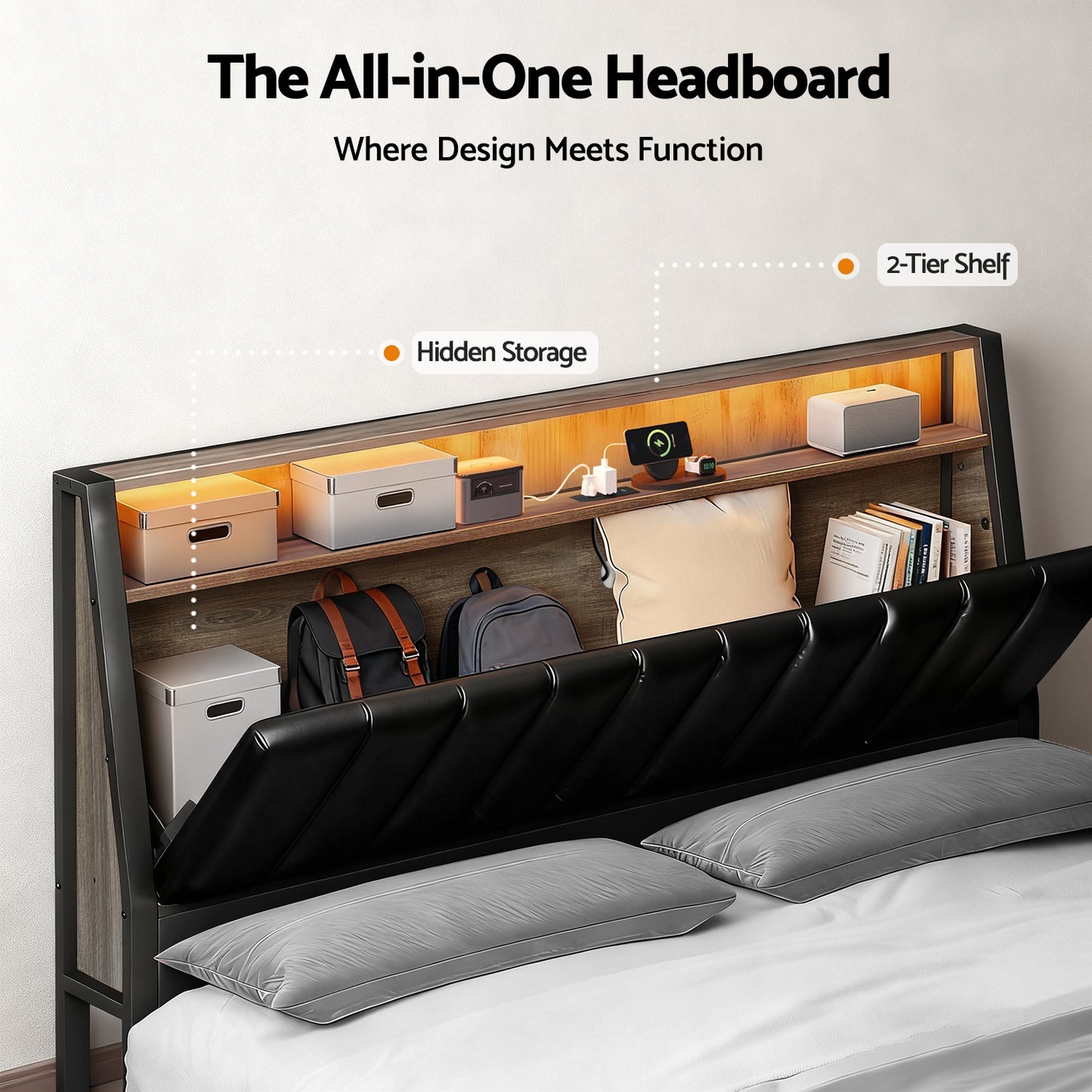 Artiss Queen Bed Frame LED Storage Headboard with Charging Station Black