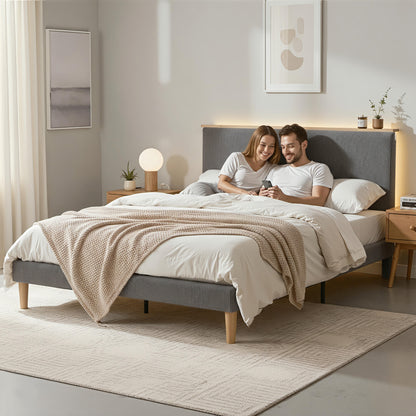 Artiss Double Bed Frame Upholstered Adjustable Headboard Mood Lighting Heavy Duty Grey Velvet