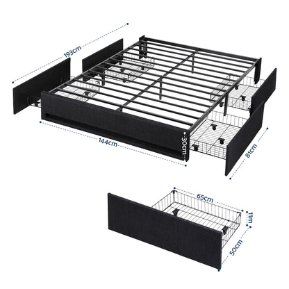 Artiss Double Bed Frame with Storage Drawers RGB Lights Charging Station Upholstered Fabric