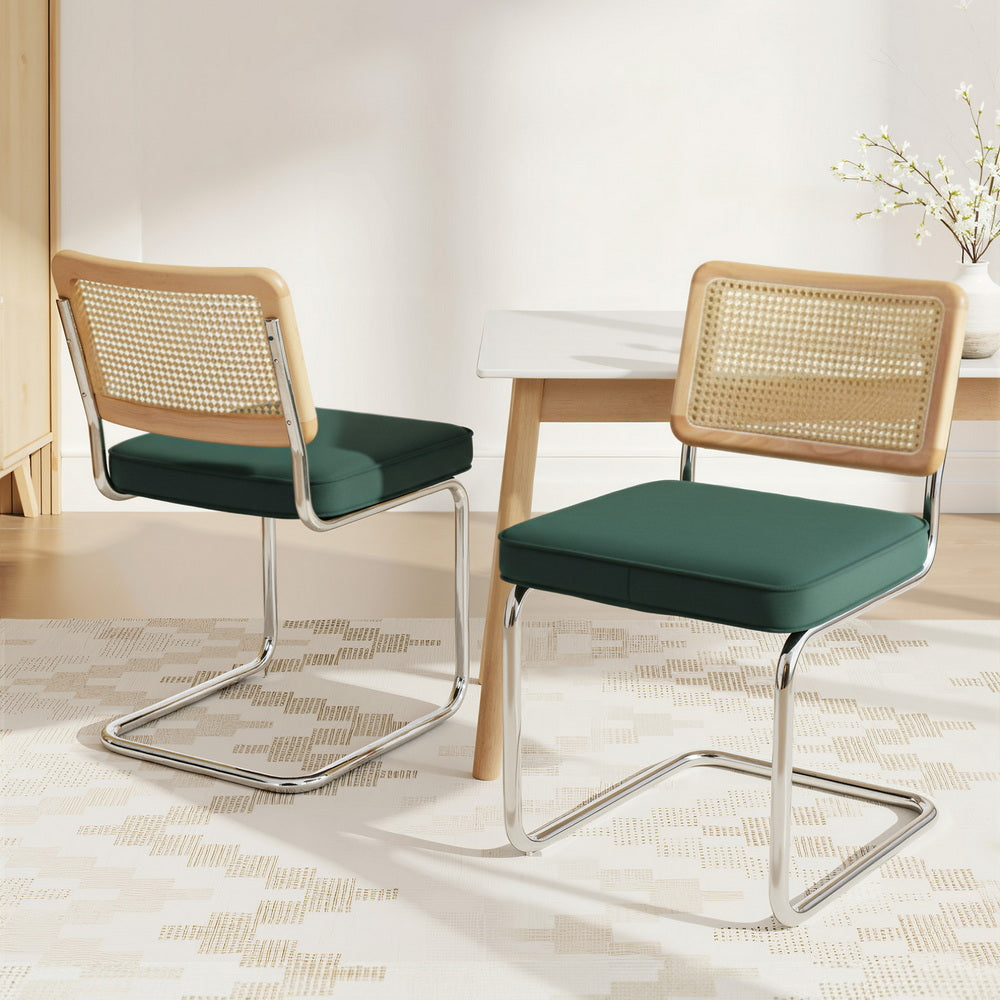 Artiss Dining Chairs Set of 2 Velvet Rattan Cantilever Green
