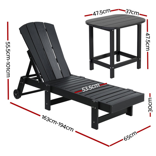 Gardeon Sun Lounge Lounger Table and Chairs Beach Chair HDPE Patio Outdoor Furniture Wheels Black