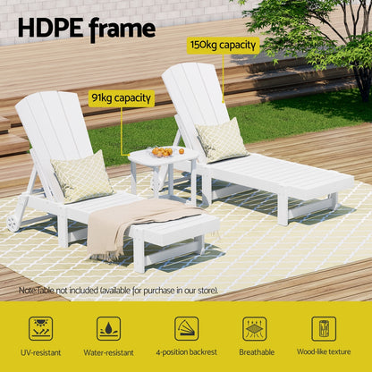 Gardeon Sun Lounge Lounger Table and Chairs Beach Chair Adirondack HDPE Patio Outdoor Furniture Wheels White