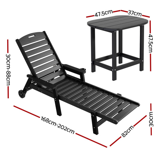 Gardeon Sun Lounge Lounger Beach Chair HDPE Patio Outdoor Furniture with Wheels Black