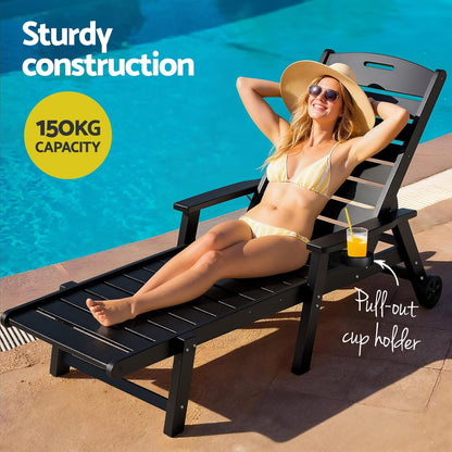 Gardeon Sun Lounge Lounger Beach Chair HDPE Patio Outdoor Furniture with Wheels Black