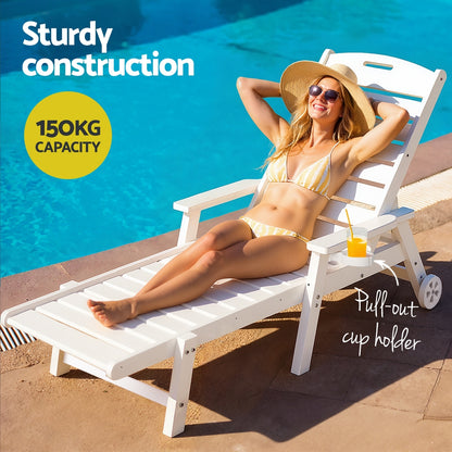 Gardeon Sun Lounge Lounger Beach Chair HDPE Patio Outdoor Furniture with Wheels White