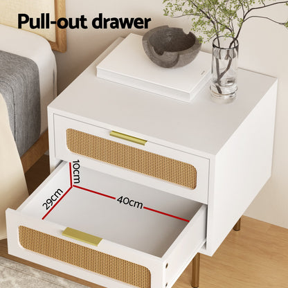 Artiss Rattan Bedside Table 2 Drawers Pine