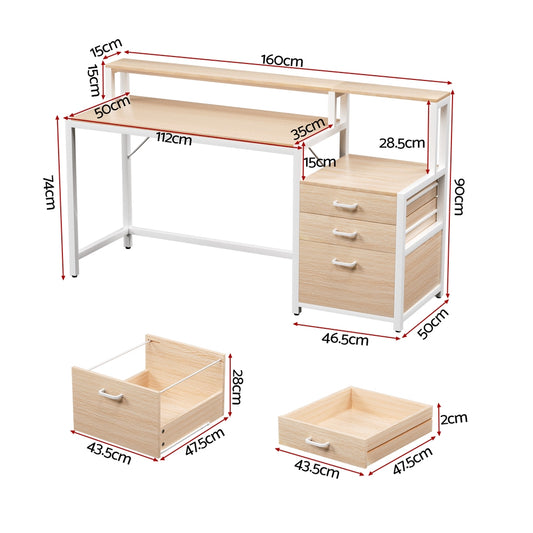 Artiss Computer Desk Home Office Study Table Desks w/Drawers Open Shelf Oak 160CM