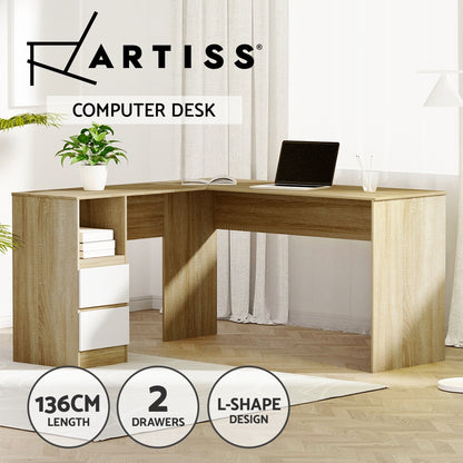 Artiss Computer Desk Drawer Cabinet L-Shape Oak 136CM