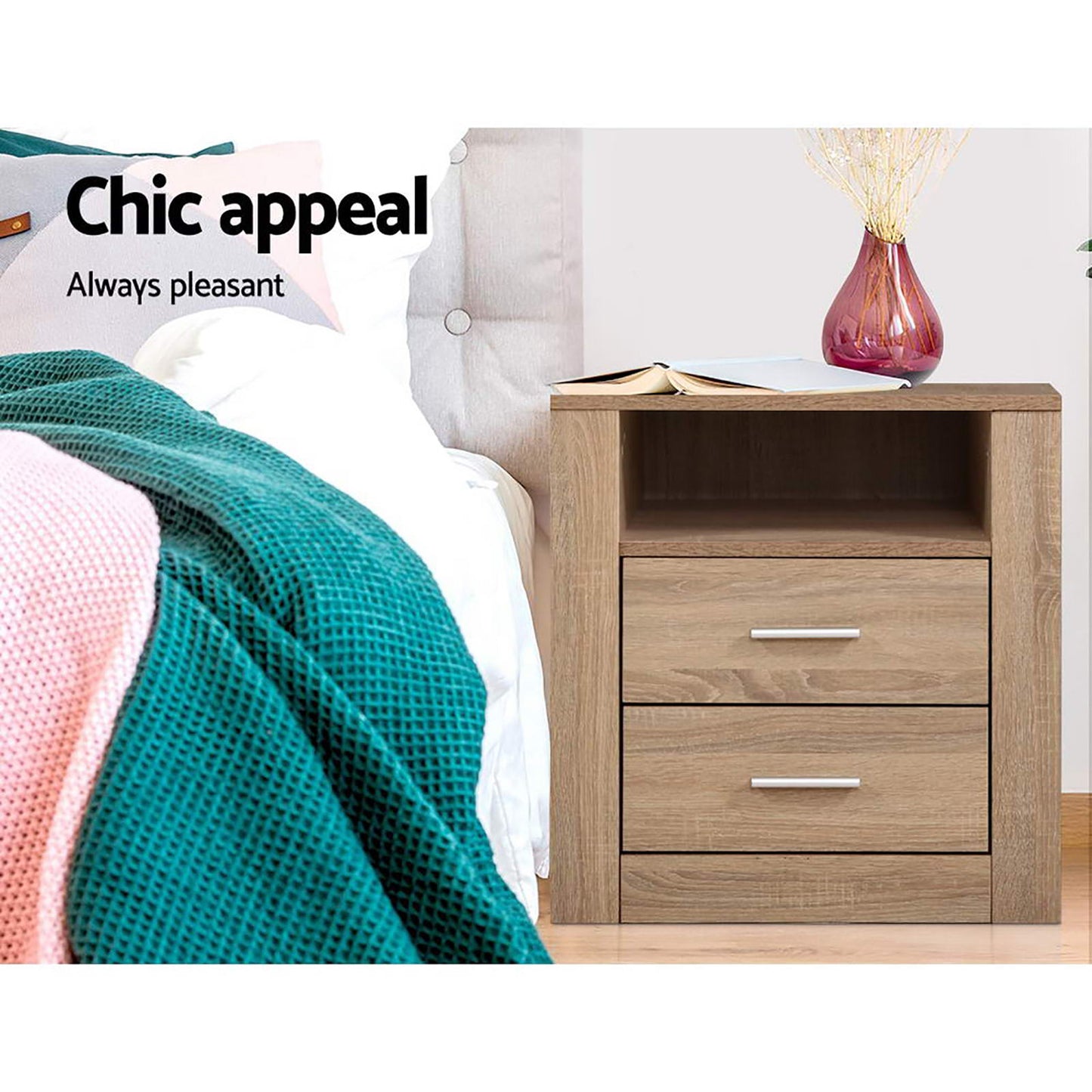 Artiss 2X Bedside Table 2 Drawers with Shelf - TARA Oak