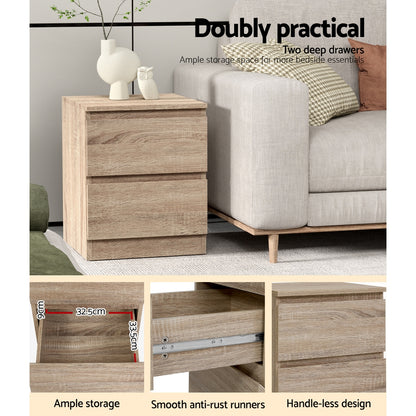Artiss 2x Bedside Table 2 Drawers - PEPE Oak