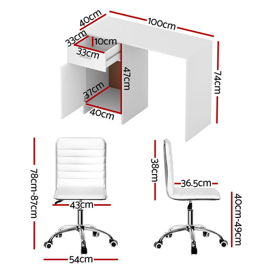 Artiss Computer Desk Office Chair Set PU Leather Home Study Table 100cm White