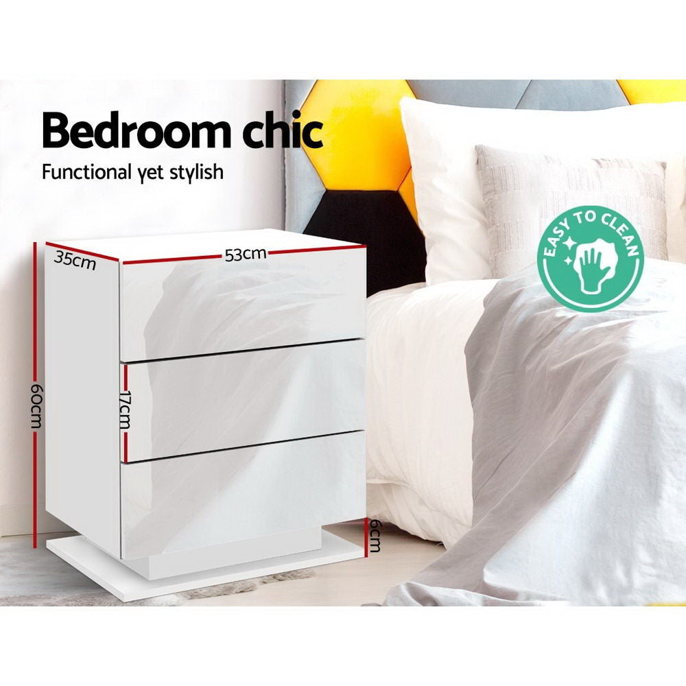Artiss 2x Bedside Table LED 3 Drawers - MORI White