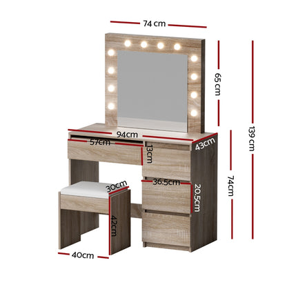 Artiss Dressing Table Set Stool 12 Led Bulbs Wood
