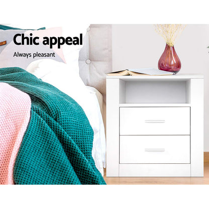 Artiss 2 X Bedside Table 2 Drawers with Shelf - TARA White