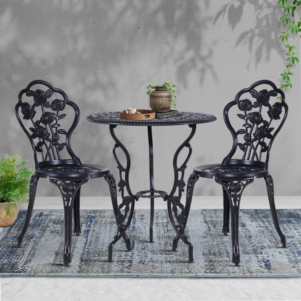 Gardeon 3PC Outdoor Setting Bistro Set Chairs Table Cast Aluminum Rose Black