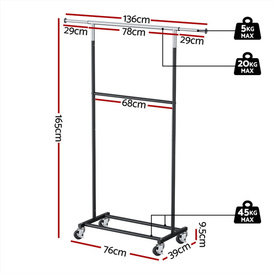 Artiss Clothes Rack Double Rod Airer Rail Coat Stand Adjustable Hanger