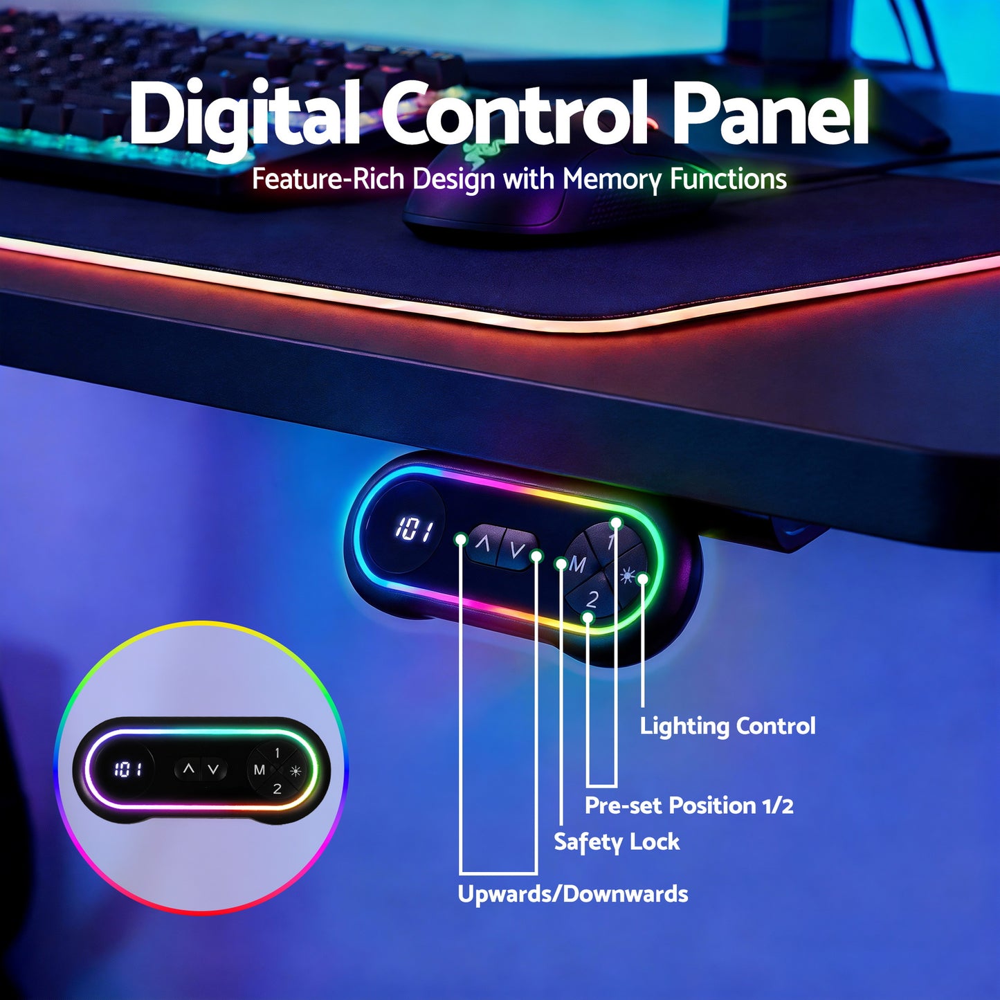Artiss Electric Gaming Desk RGB Sit Stand Height Adjustable Table Black