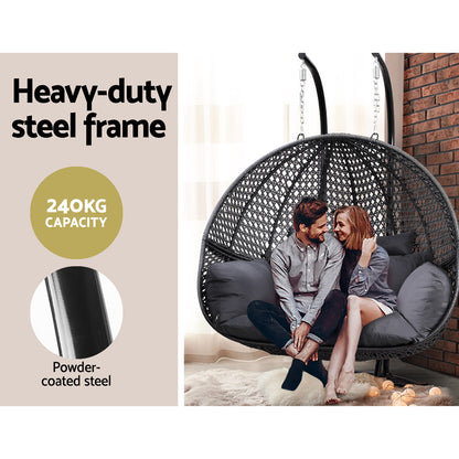Gardeon Outdoor Egg Swing Chair Wicker Furniture Pod Stand Cushion 2 Seater Grey