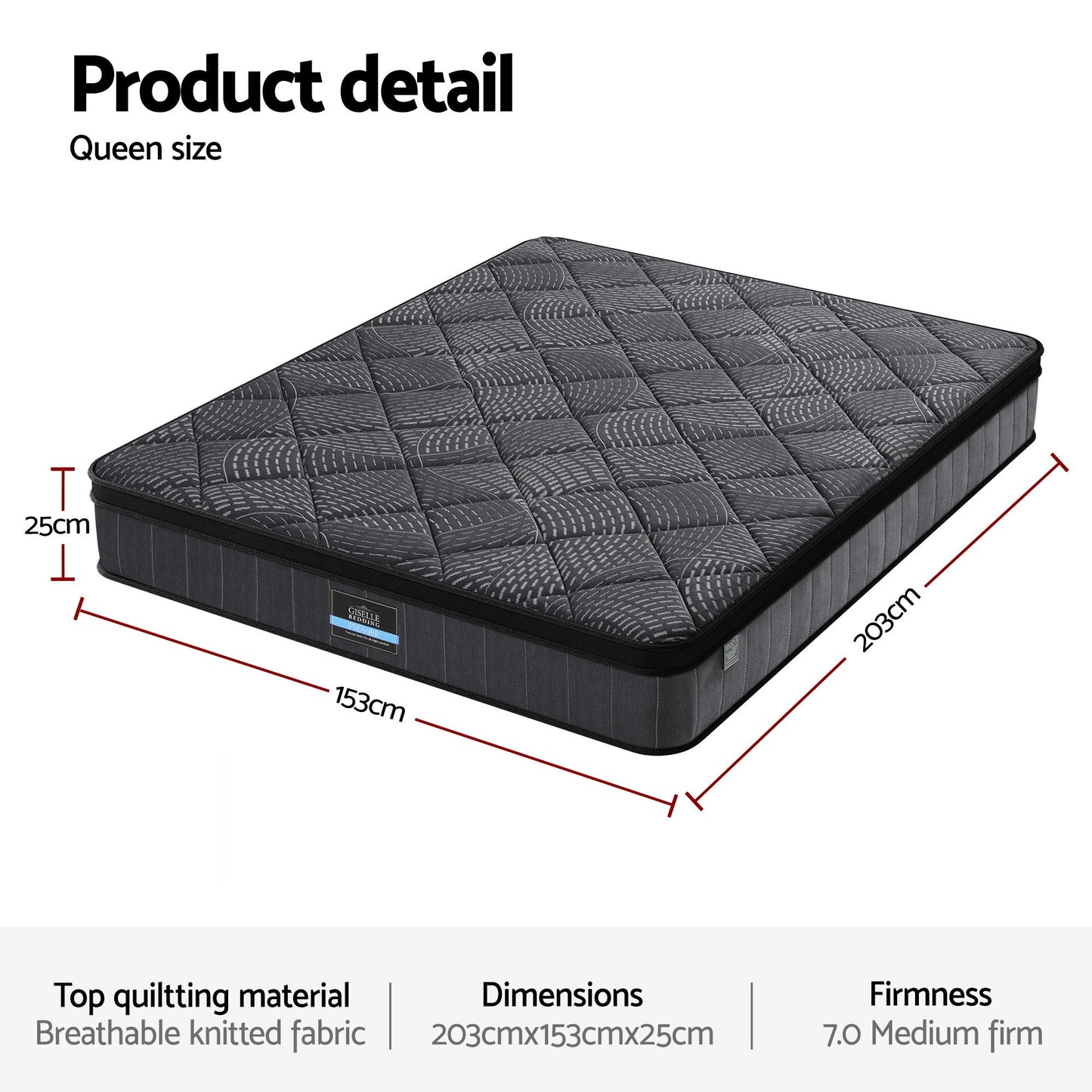 Giselle Bedding Queen Mattress 25cm Pocket Spring Latex Euro Top Medium Firm Bed