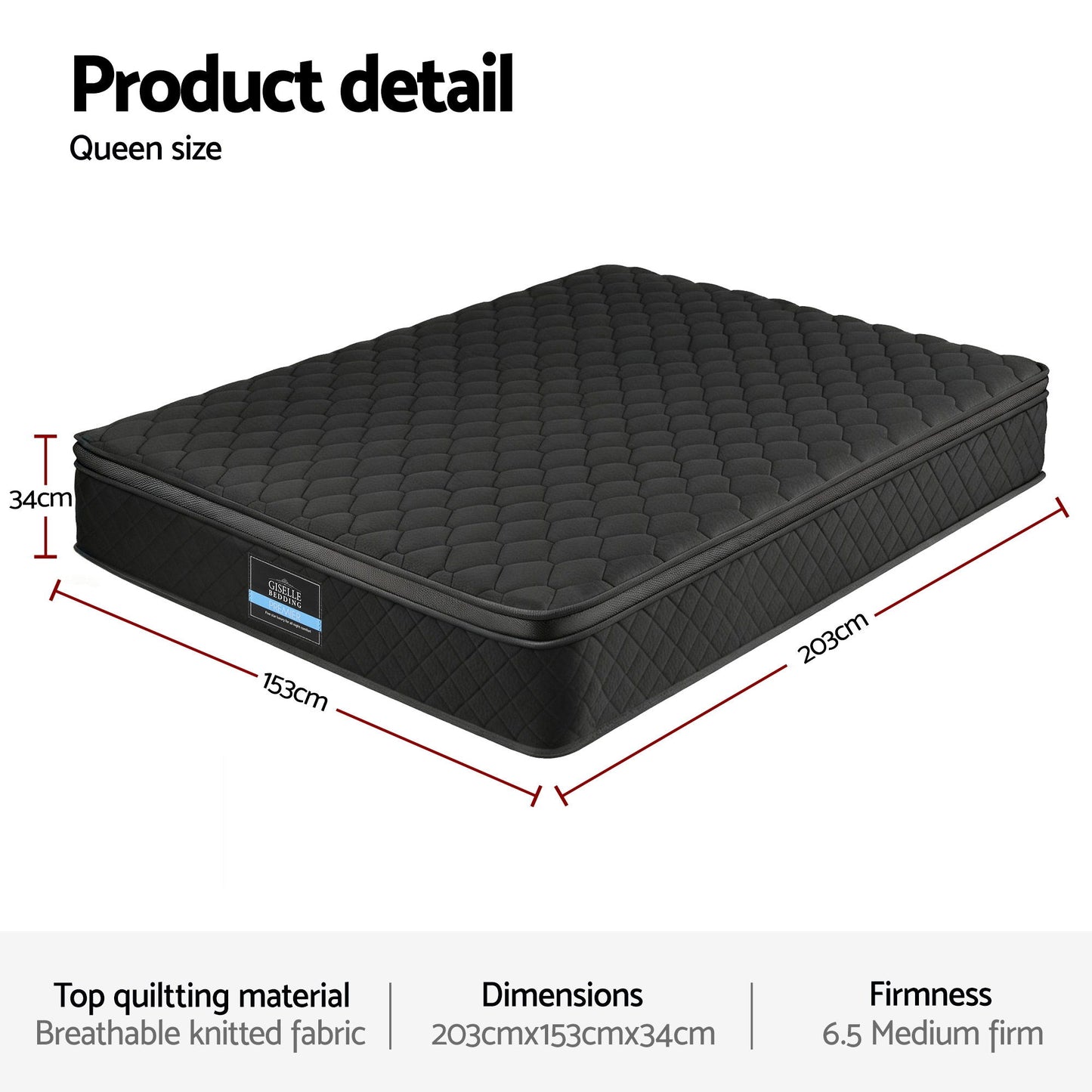 Giselle Bedding Queen Mattress 34cm Euro Top with 5-Zone Pocket Spring Support Black