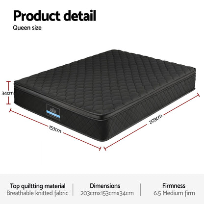 Giselle Bedding Queen Mattress 34cm Euro Top with 5-Zone Pocket Spring Support Black